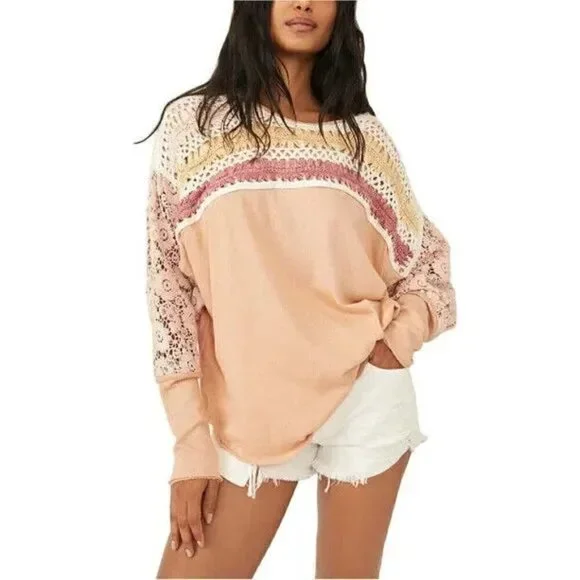 FREE PEOPLE High Hopes Cotton Crocheted-Yoke Lace-Sleeve Top Brown Sugar Combo