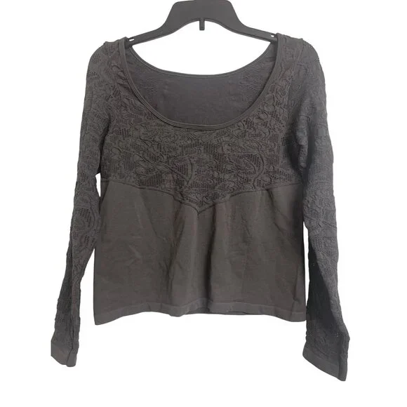 Anthropologie L‎ Embroidered Scoop Neck Gray Long Sleeve Top Minimalist