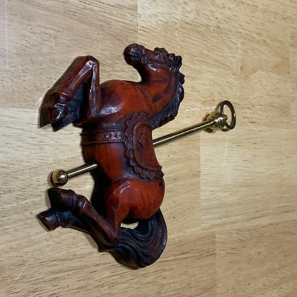 Brown Carved Horse Wall Hook with Brass Accent - Decorative Home Hook