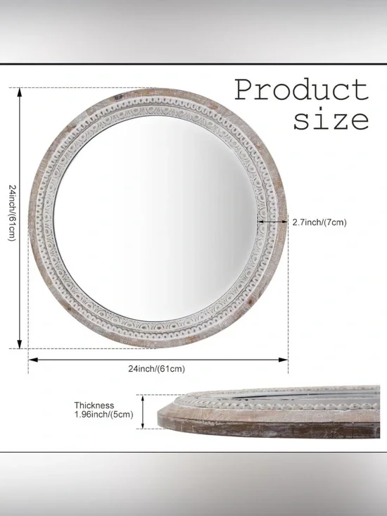 Round Decorative Wall Mirror in White and Natural Wood Tones