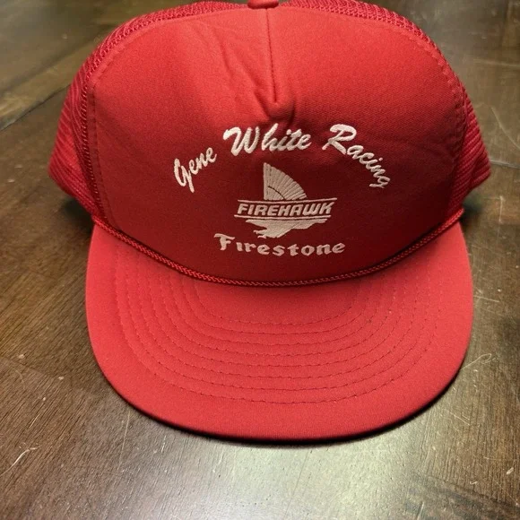 VTG FireHawk Firestone Gene White Racing Hat Cap Red‎ Trucker Rope Brim Snapback