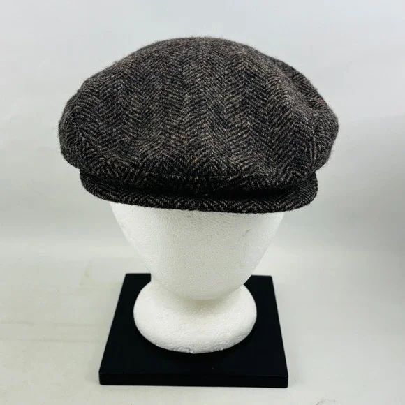 Vintage Finest Headwear Flat Cap Mens L Brown Herringbone Wool Newsboy Hat USA