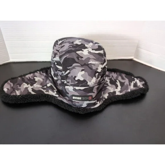 SWISS TECH HAT Black Camo Sherpa Ear Flaps Fleece Insulated Unisex ONE SIZE