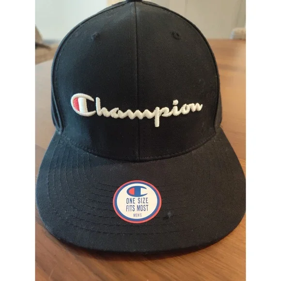 Champion Mens Snapback Hat Black Embroidered Script Logo Flat Brim One Size NEW