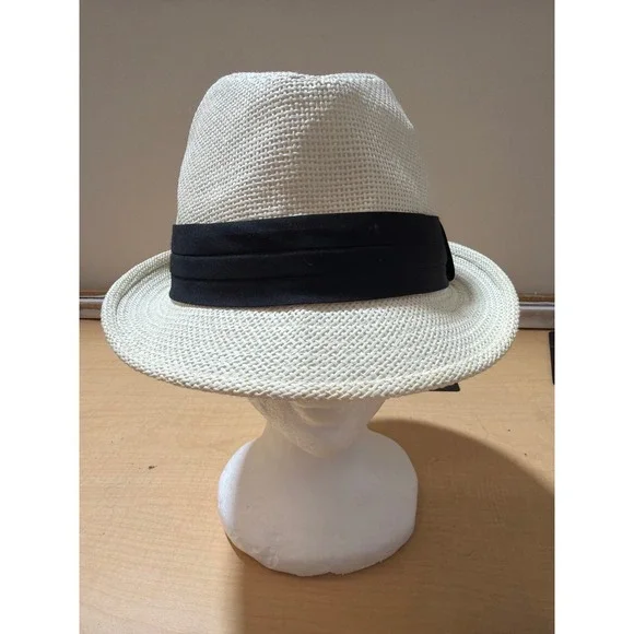 Unbranded Straw Fedora Hat Cream Off-White Black Ribbon Band Size 60-61 Summer