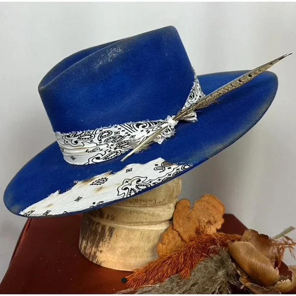 REV RAN Hats Royal Blue Western Hat Bandana‎ Feather Accent Size 7
