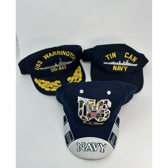 Lot of 3 US Navy Caps Hats Various Embroidered USS Warrington Tin Can Navy