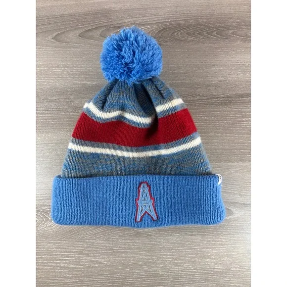 47 Brand Houston Oilers Beanie Hat Blue‎ Red Striped Knit Pom Cuffed OSFA NFL
