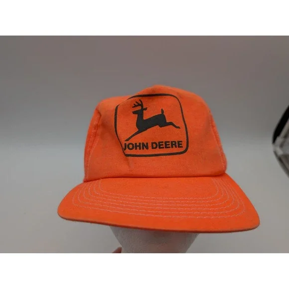 VTG John Deere Blaze Orange Snapback Hat Hunting Deer Logo Trucker Cap Made USA