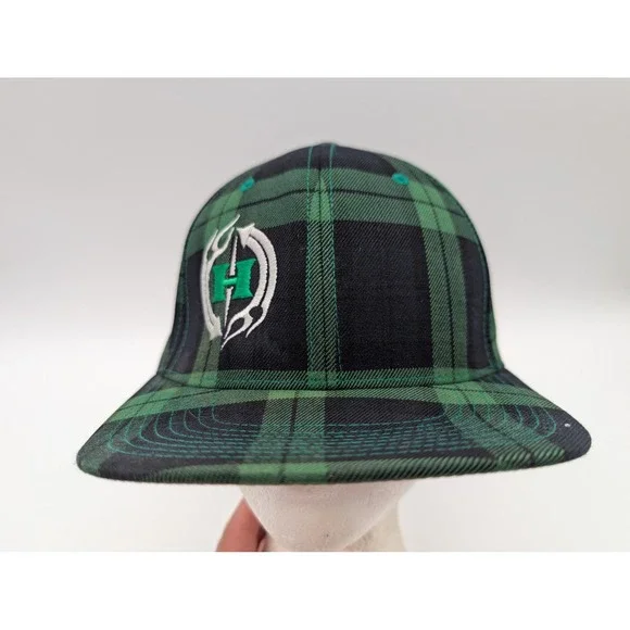 Hellanbach Flexfit Hat Green Black Plaid Embroidered Logo Cap L-XL Yupoong