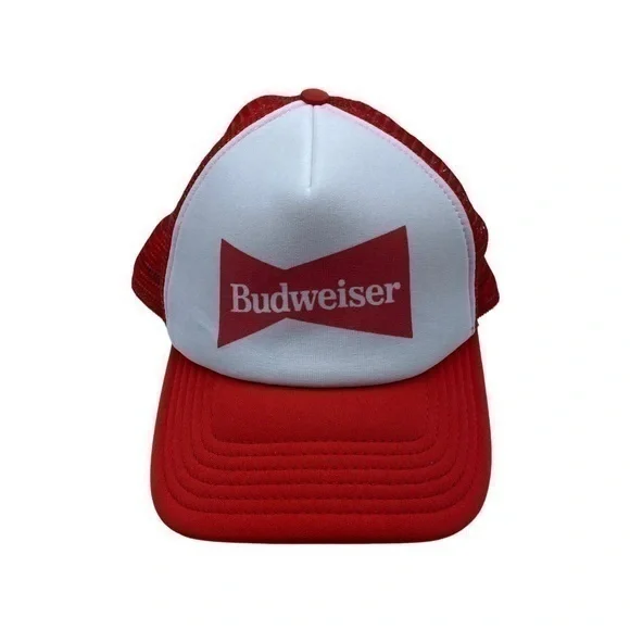 Budweiser Mens Truckers Hat Baseball Cap Mesh Red White Logo Snapback Mesh