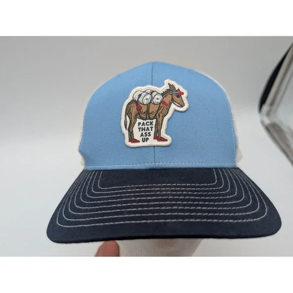 Funny Trucker Hat Blue White Pack That Ass Up Donkey Patch Snapback Cap