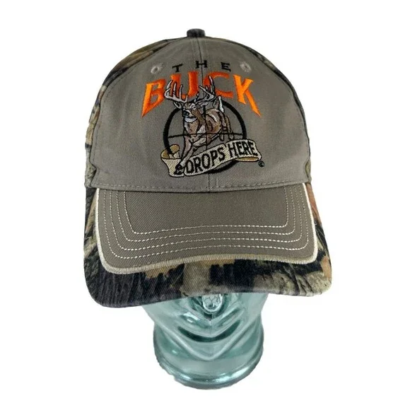 The Buck Drops Here Hunters Baseball Hat Ball Cap Camo Outdoors Man Embroidered