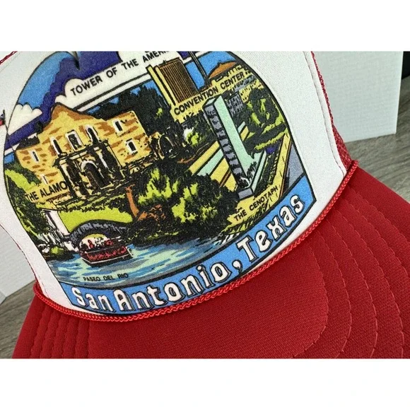 San Antonio Texas ~ Trucker Rope Foam Hat Snapback Cap Red White Alamo Vtg 80s