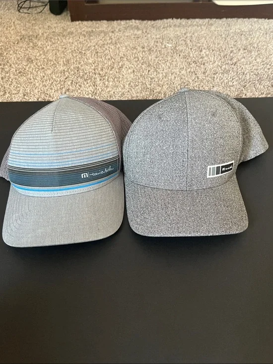 Travis Mathew Gray Striped Cap with Blue Accent & Heather Gray Speckled Cap