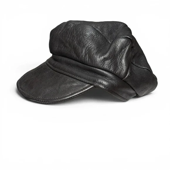 Vintage Champlain Leather Newsboy Greek Fisherman Hat Black USA Large