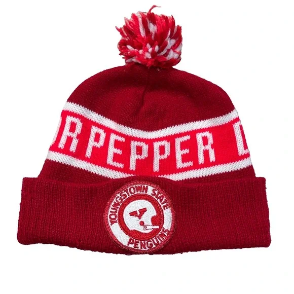 Vintage Dr Pepper Beanie Hat Cap Toboggan Cuffed 90s Youngstown State Patch Soda