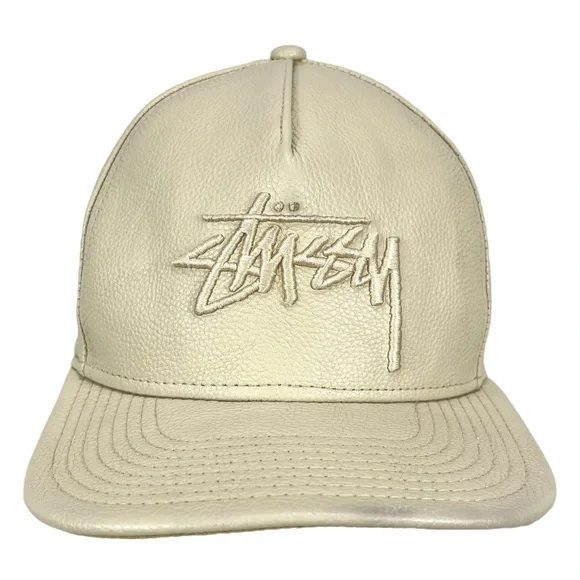 Stussy PU‎ Cream Embroidered Logo Snapback Flat Bill Hat Cap