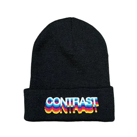 CONTRAST Logo Rainbow Overlapped Embroidered Unisex Black Beanie One Size EUC