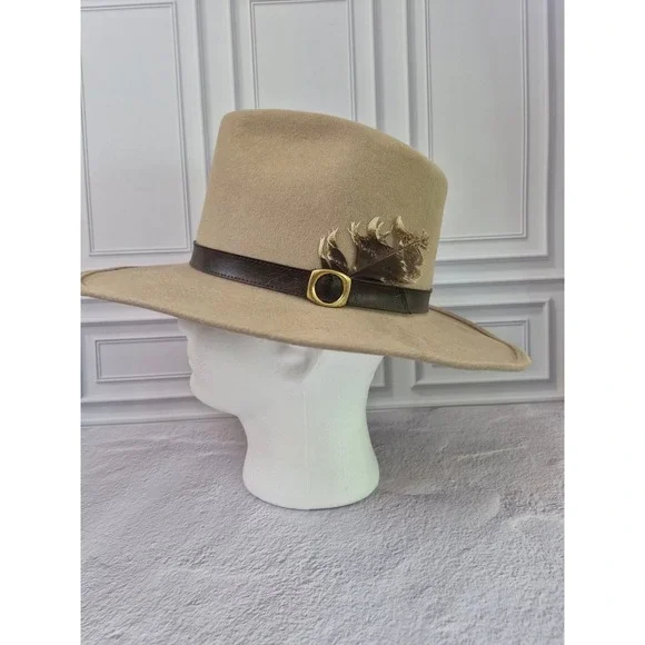 John Blair Mens 100% Wool Felt Fedora Hat Leather Band Feather Made in USA Large