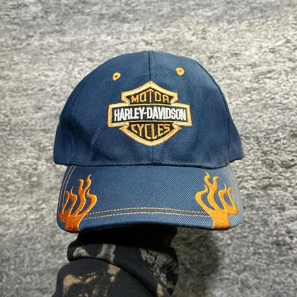 Vintage‎ Harley Davidson Hat Embroidered Flames Y2K Grunge Bike Blue Orange