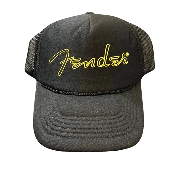 NEW‎ Lucky Brand Fender Trucker Hat Mens OS Black Yellow Logo Mesh Snapback Cap