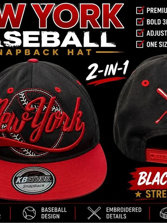 KBETHOS Black and Red New York Embroidered Baseball Snapback Hat