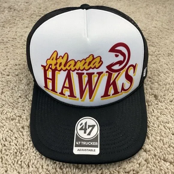 Atlanta Hawks 47 Trucker Hat‎ Foam Snapback White Black Mesh Red Script Logo Cap