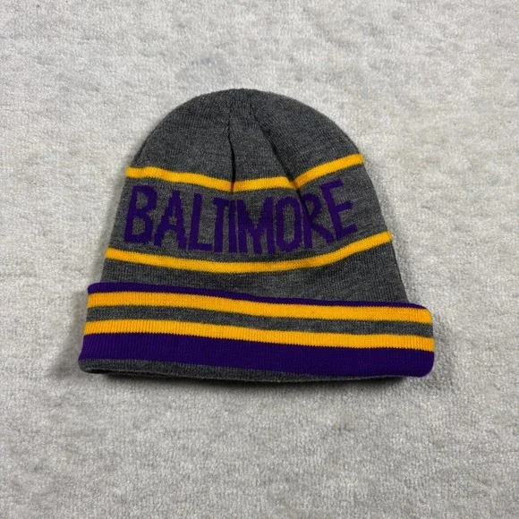 Baltimore Beanie‎ Hat Grey Purple Gold Striped Cuffed Knit Winter Cap Unisex