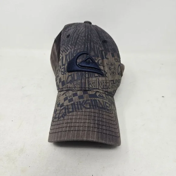 Quiksilver‎ Flexfit Hat Mens Faded Black Grey Pinstripe Logo Print Baseball Cap