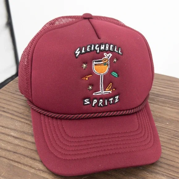 Anthropologie Nephthys‎ Illustrated Sleighbell Spritz Trucker Hat Burgundy NWT