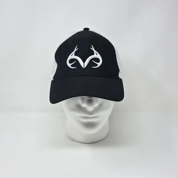 Realtree Outdoor Cap Hat Stretch Fit Size S/M Black White Mesh Mens Rubber Patch