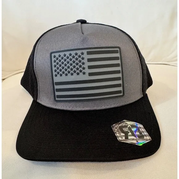 Runs Deep Tactical American Flag Mesh‎ Trucker Hat OSFM Black Gray