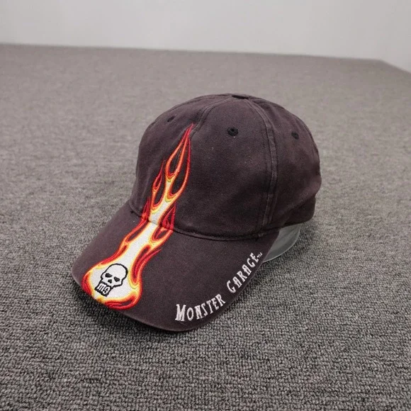 Vintage Monster Garage Hat Cap Strap Back Mens One Size Black Flame Skull Y2K