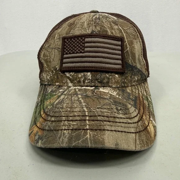 Outdoor Cap Trucker Hat Mens OSFM Camo American‎ Flag Patch Mesh Back Realtree