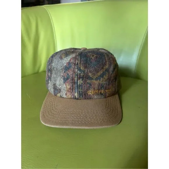 Vintage Carhartt Aztec Wool Snapback Hat Brown Duck Canvas Brim USA Made
