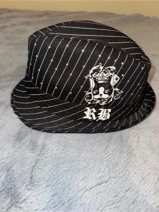 Black Pinstripe Fedora Hat with Embroidered Crest