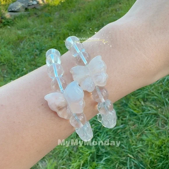 Clear Quartz with Butterfly Cherry Blossom Agate Bracelet 9mm