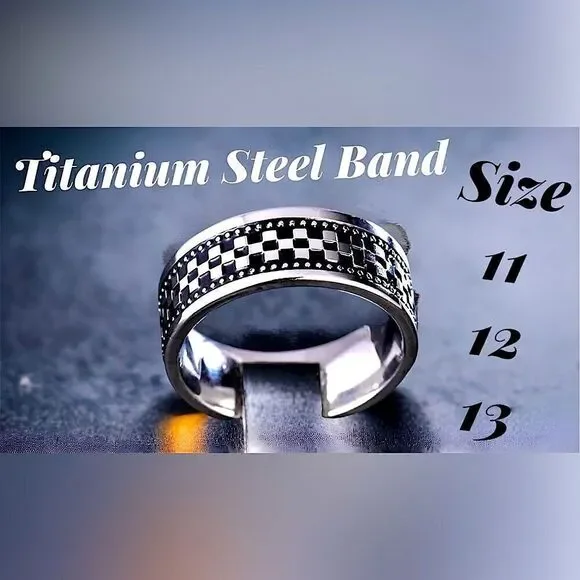 Titanium Steel Band l Checkered Design Men’s Ring  w/Box l Sizes 11 12 13 l New