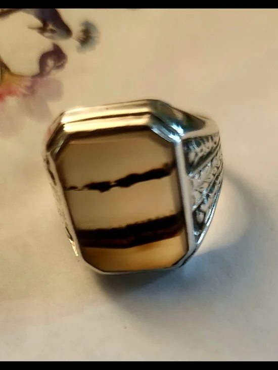 Sterling Silver Men's Band Ring with Unique Montana Agate
