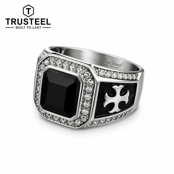 Men’s Stainless Steel Black CZ Signet Ring Cross Biker Gothic Punk Size 10