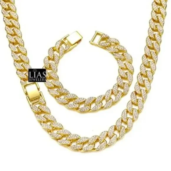 New 18k yellow gold Cuban link chain and bracelet