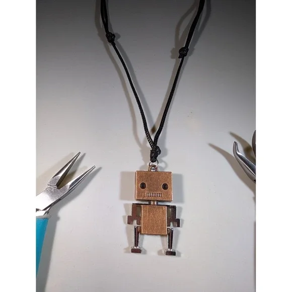 Handmade Robot Pendant Necklace Mixed Metal Copper Silver Tone Adjustable Cord