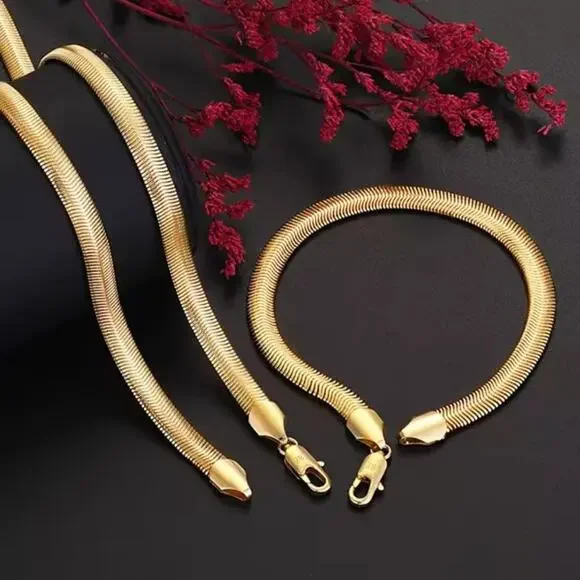 18K Gold Plated Necklace Bracelet Set 6 mm Snake Chain Mens Christmas Birthday