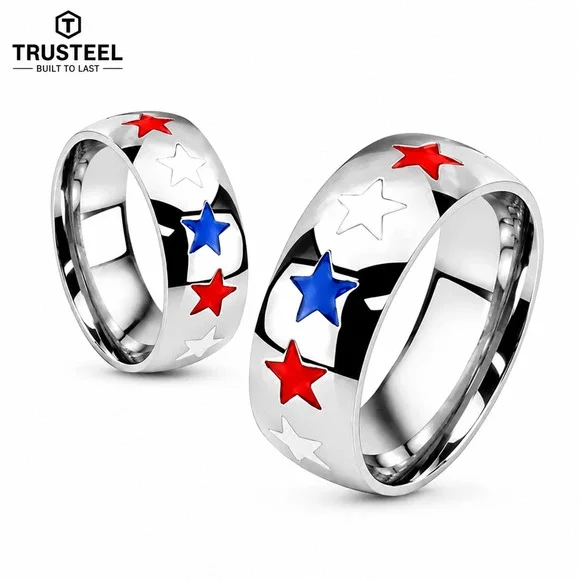 Men’s Stainless Steel Patriotic Star Ring Red White Blue Enamel Band USA size 11