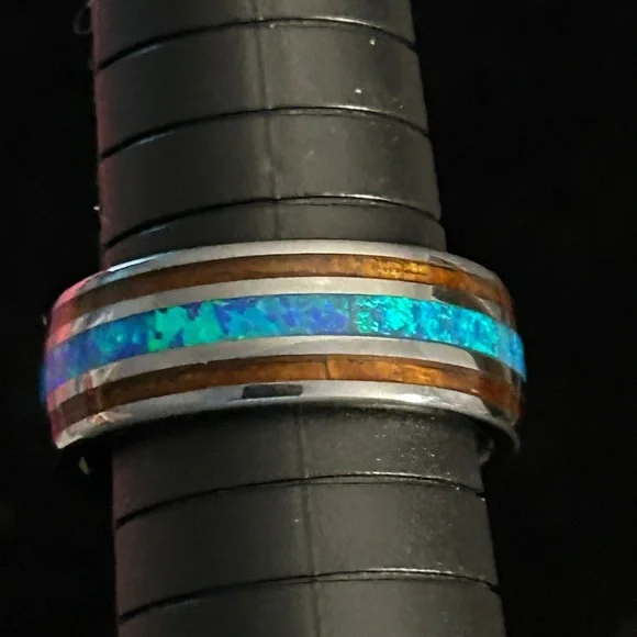 Tungsten Carbide inlaid Hawaiian Koa Wood With Opal Ring Size 9