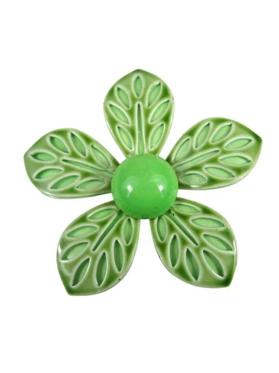 Vintage 1960s Green Enamel Flower Leaf Brooch Pin MOD Mid Century Statement