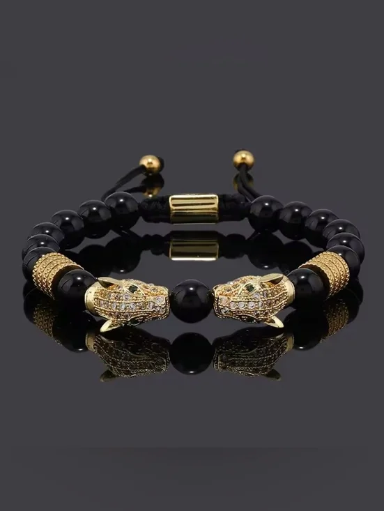 Black and Gold Panther Head Beaded Bracelet - Men's Fashion Jewelry