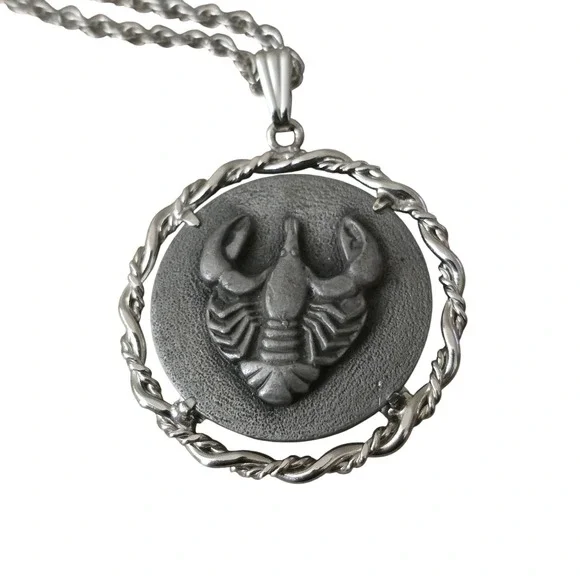 Vintage Cancer Zodiac Pendant Necklace Anson Pewter Silver Tone 24
