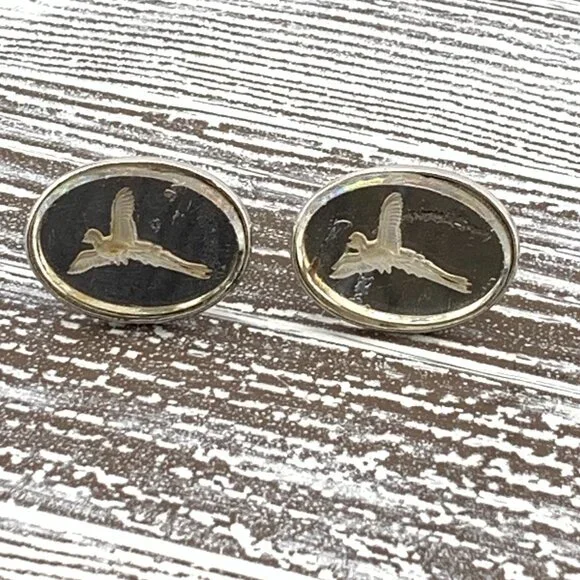Vintage Pheasant Glass Cufflinks Bird Hunting Outdoorsman J897